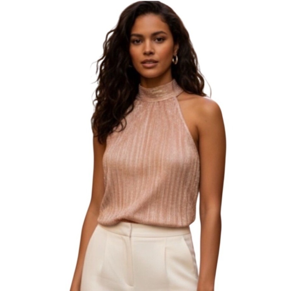 Anthropologie Vickie Halter Top Satin Metallic Womens M Rose Gold Pleated Button